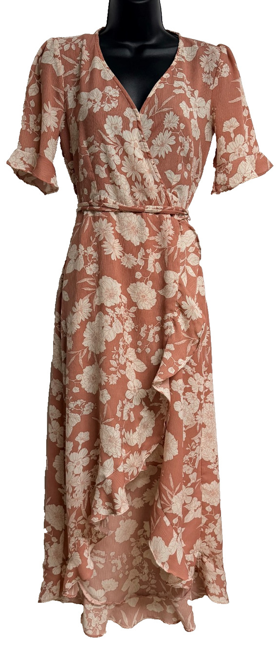 Lulus Wrap Maxi Dress Women's Small Dusty Pink Floral Ruffle Sleeve High-Low Hem